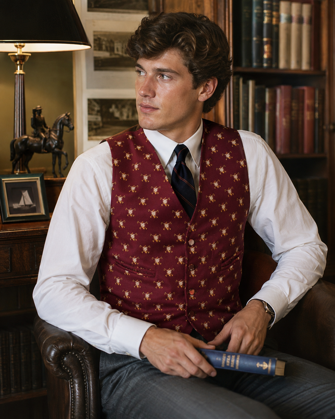 "Brooks Brothers Burgundy Waistcoat w/ Fox Mask/ Hunting Horn & Riding Crop Motif" Sz 40L