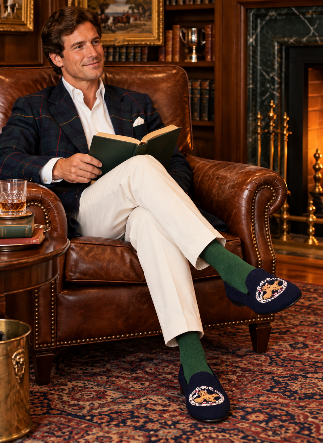Rolling Rock Club Navy Needlepoint w/ Quail Embroidery Hand Made in England Slippers Sz 11 US (NIB)