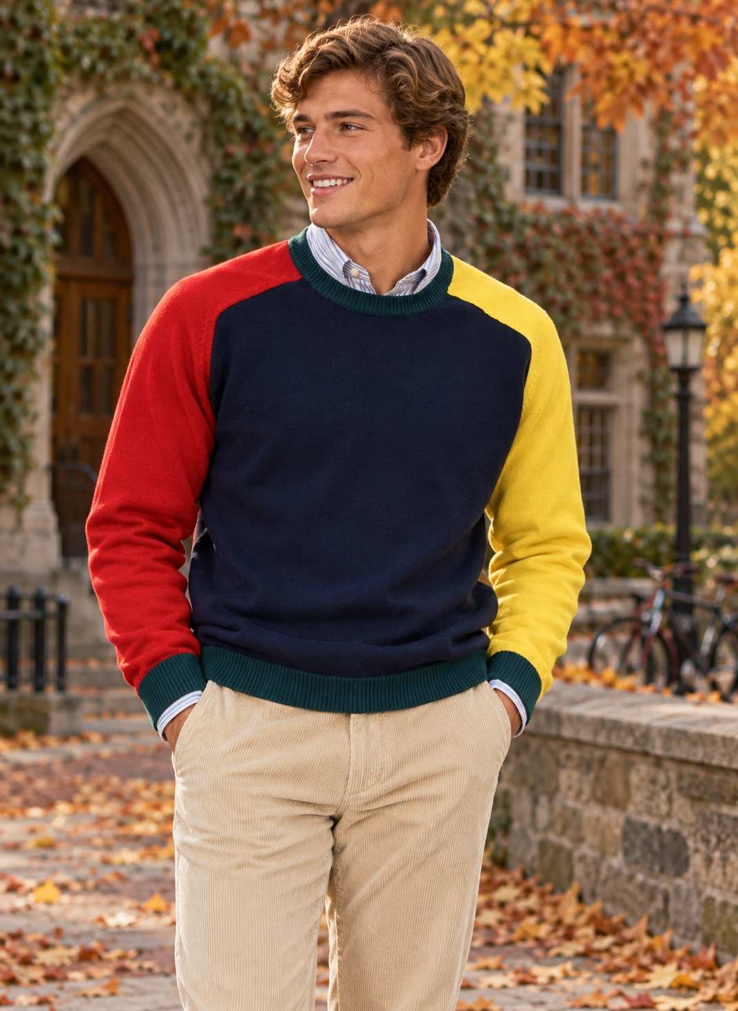 "Brooks Brothers Supima Cotton Navy Crewneck "Fun" Sweater w/ Contrast Red/ Yellow Sleeves & Green Collar/ Cuffs" Sz XXL (NWT)
