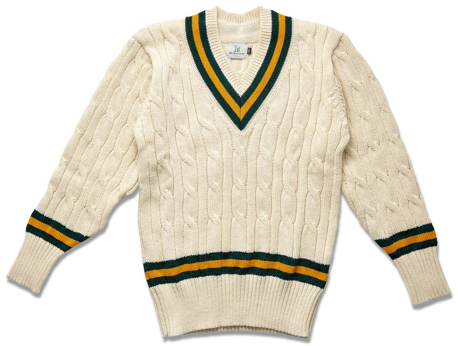 "The Merchant Fox Cricket Club Ecru Sweater w/ Green & Gold Stripes" Sz XL (NWOT)