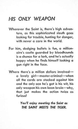 "The Saint Meets The Tiger: Simon Templar Battles His Deadliest Enemy" 1952 CHARTERIS, Leslie