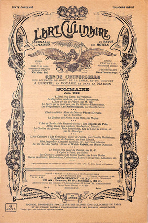 L'Art Culinaire Juin 1922 Menu/ Newspaper