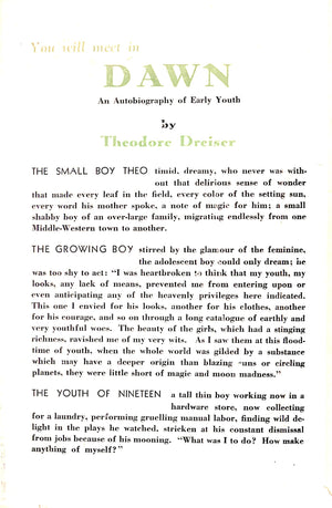 "Dawn: Theodore Dreiser's Autobiography Of Early Youth" 1931 DREISER, Theodore