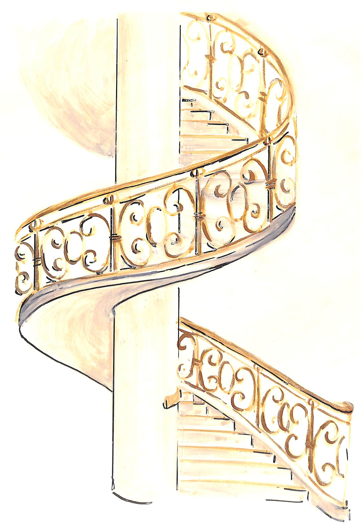 Lanvin Paris Atelier Spiral Staircase c1950s Watercolor Artwork