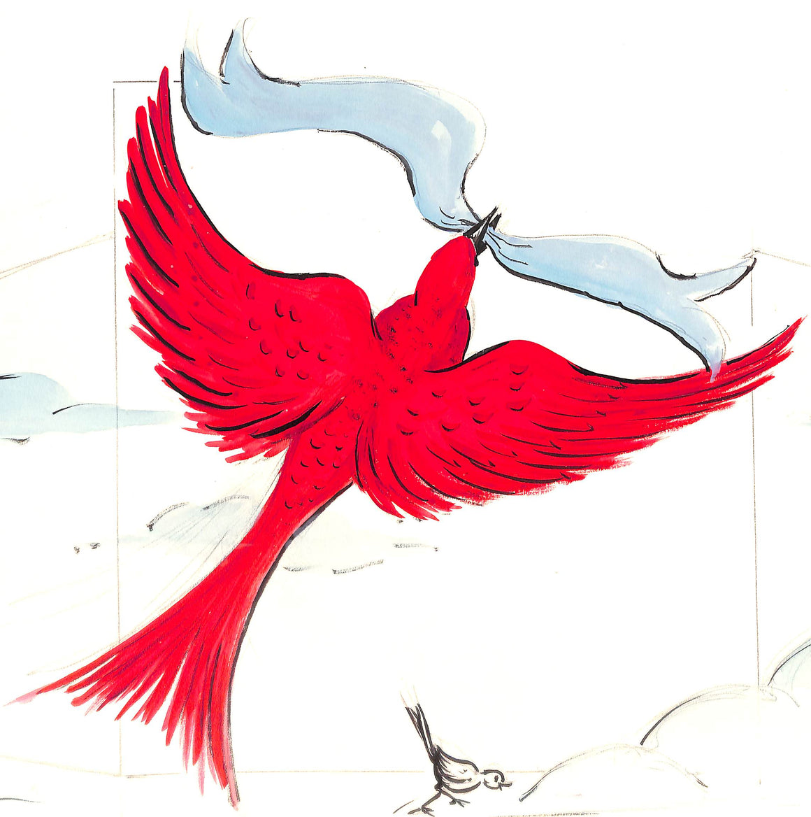 Lanvin Paris Red Dove w/ Blue Ribbon c1950s Artwork