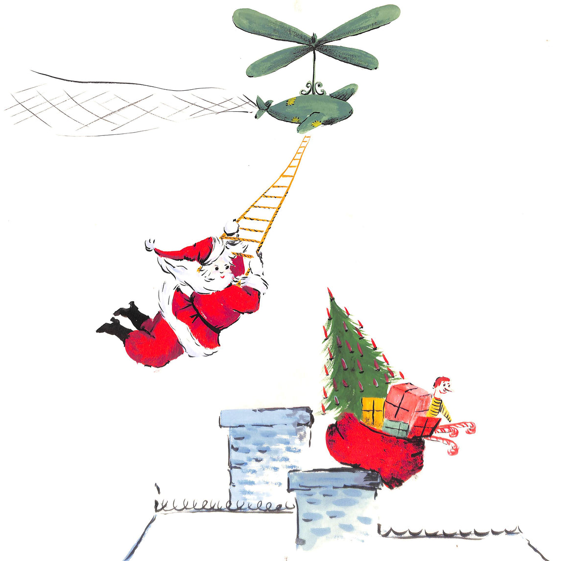 Lanvin Paris Santa Delivering Presents From Helicopter c1950s Artwork