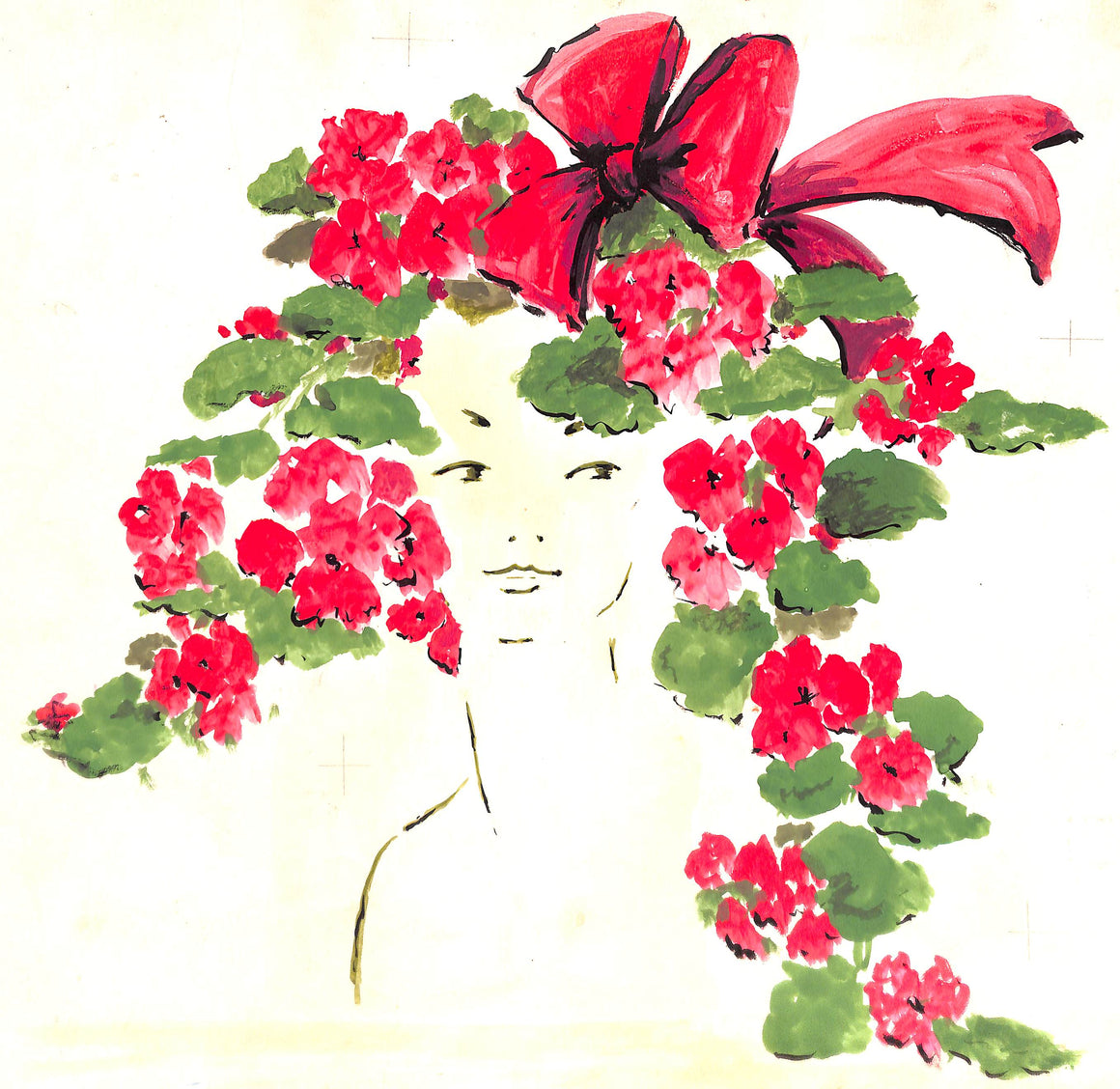 Lanvin Paris Lady w/ Rose Headress c1950s Artwork