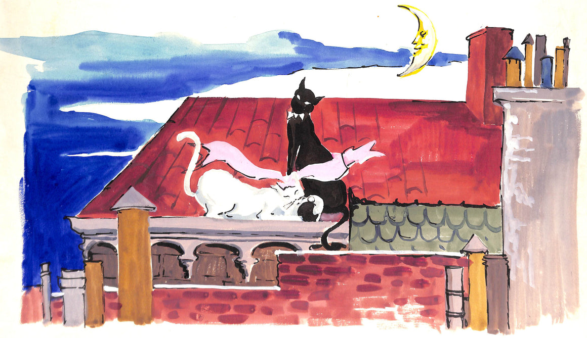 "Lanvin Paris Black & White Felines Perched On Rooftop" c1950s Watercolor Artwork