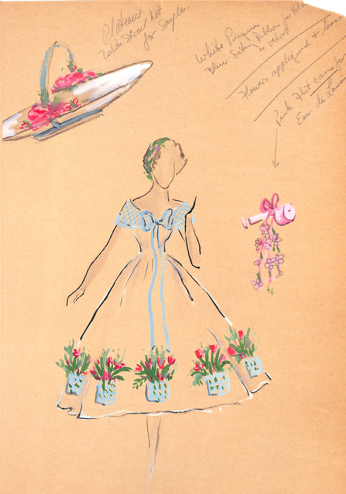 Lanvin Paris w/ Lady Modelling Floral Bouquet Dress c1950s Artwork