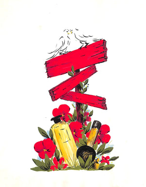 Lanvin Paris Two Doves w/ Perfume Bottles c1950s Artwork