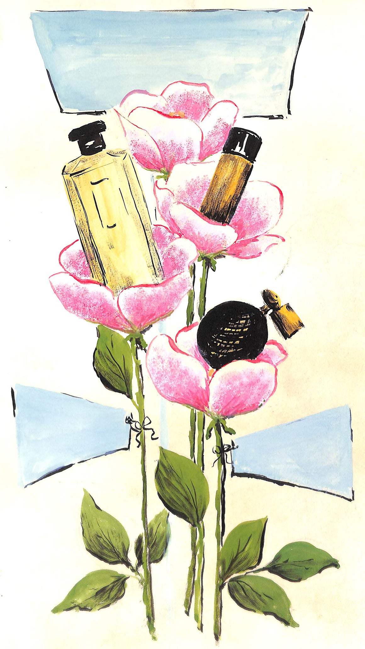 Lanvin Paris Perfume Bottles On Rosebuds c1950s Artwork