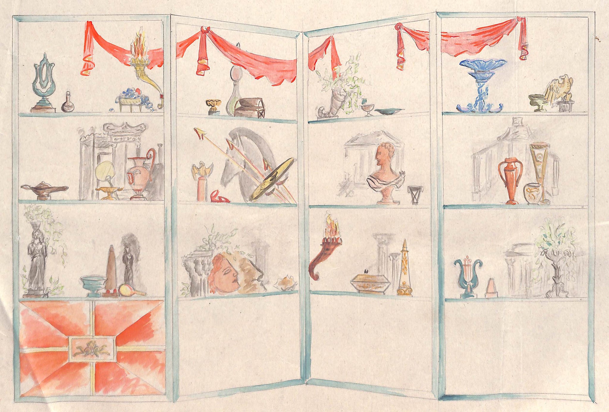 Lanvin Paris 4-Panel Vignette Screen c1950s Artwork