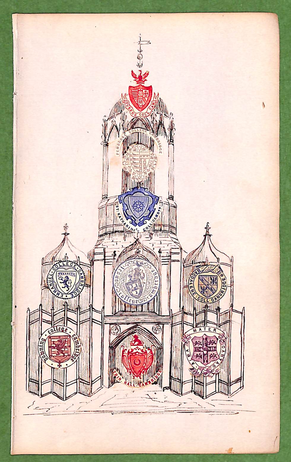 "Victorian Pen & Ink Drawing Cambridge University w/ 9 Armorial Crests"