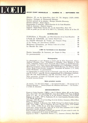 L'ŒIL Revue D'Art Numero 45, Septembre 1958