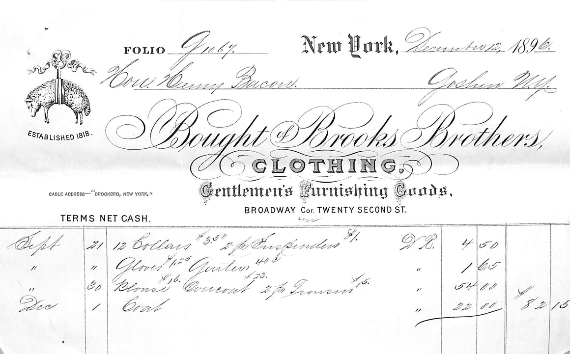 Brooks Brothers c1896 Bill Of Sale