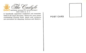 "The Carlyle Hotel 1957 Postcard" (NEW)