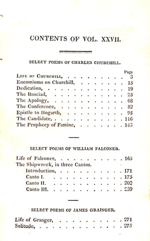 "The Works Of The British Poets, Select Poems Of Charles Churchill/ William Falconer, James Granger Vol. XXVII" 1822 WALSH, Robert Jr [edited by]