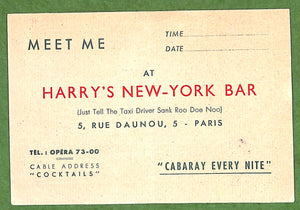 "Harry's New York Bar Paris c1940s Flyer Address Invite Card"