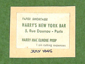 Harry's New York Bar Paris c1945 Calling Card