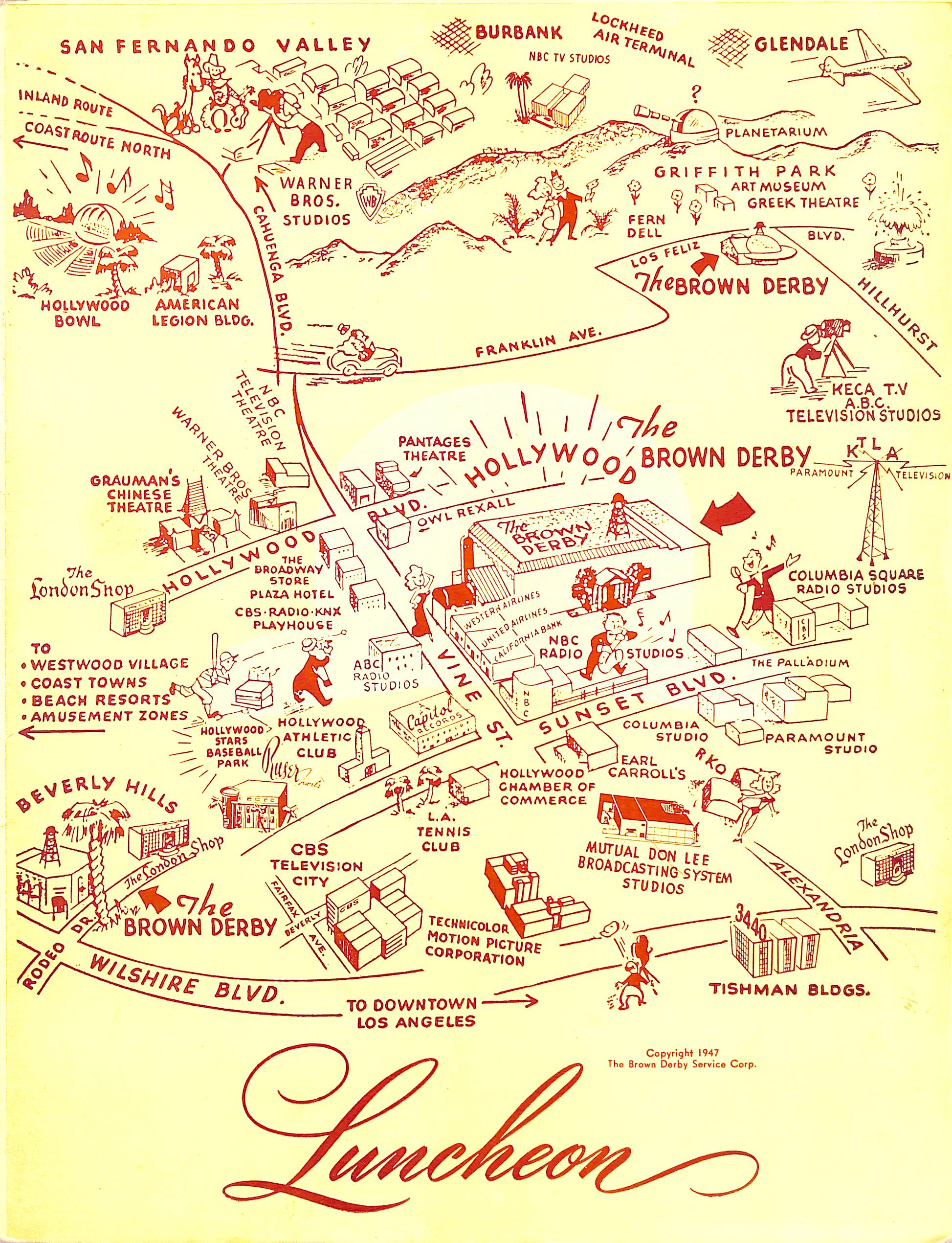 The Brown Derby Hollywood c1954 Luncheon Menu w/ BD Envelope