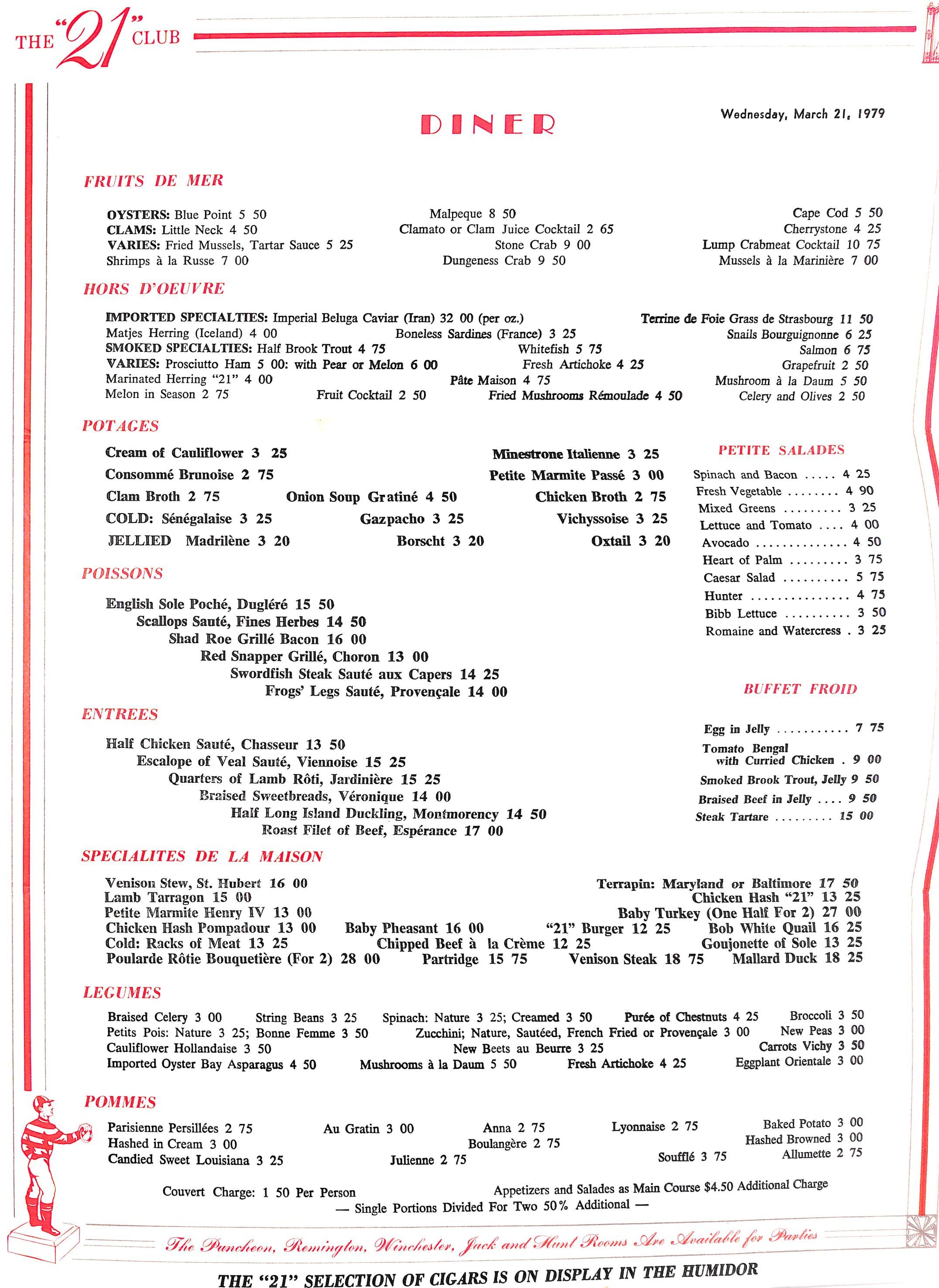 The "21" Club 1979 Dinner Menu