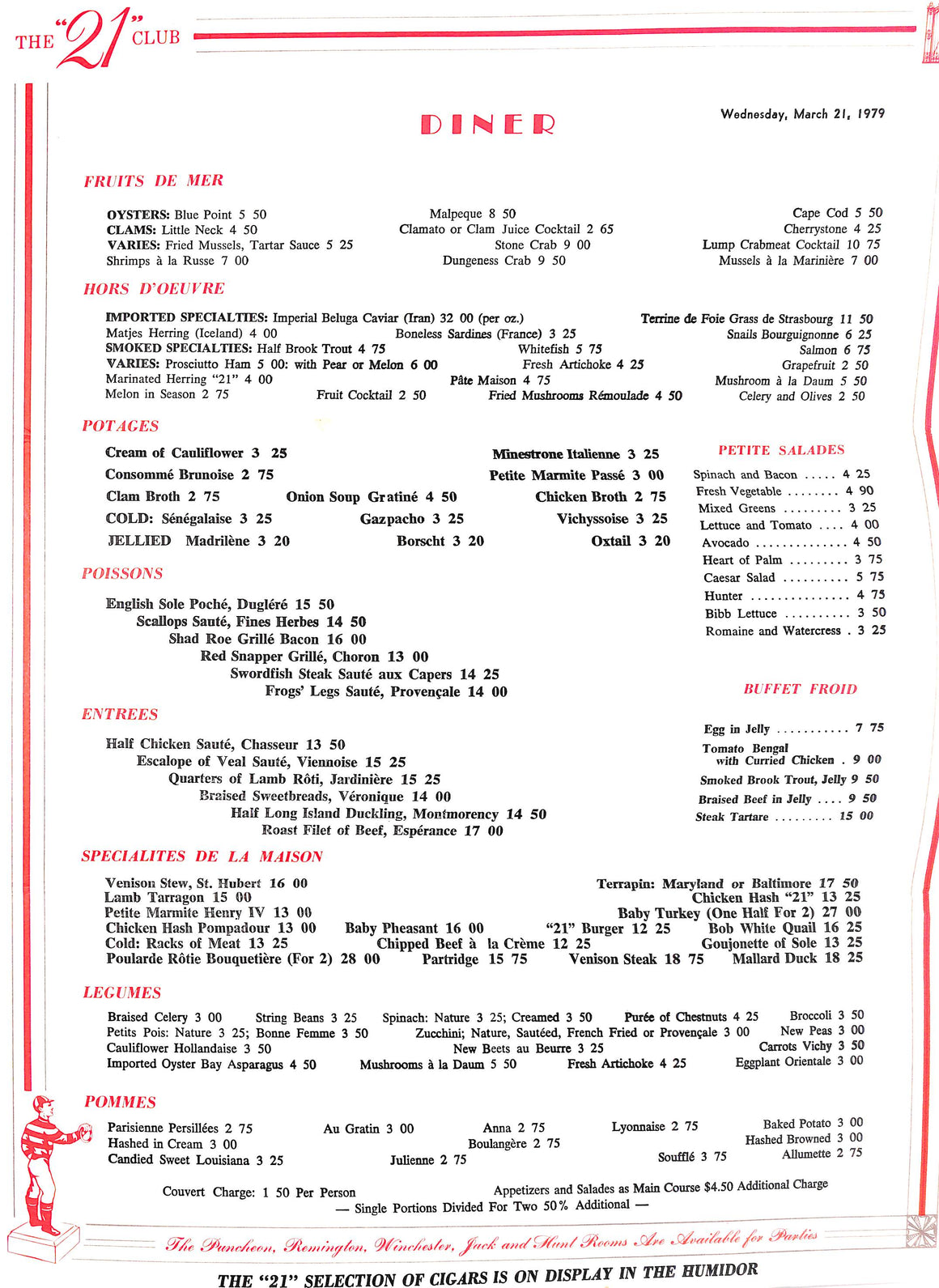 The "21" Club 1979 Dinner Menu