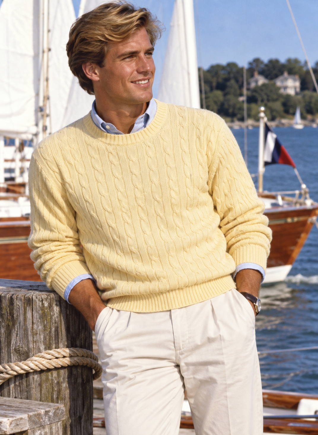 The Andover Shop Cashmere Montreux  Cable Lt Yellow Crew Neck Sweater Made In Scotland Sz L (NWT)