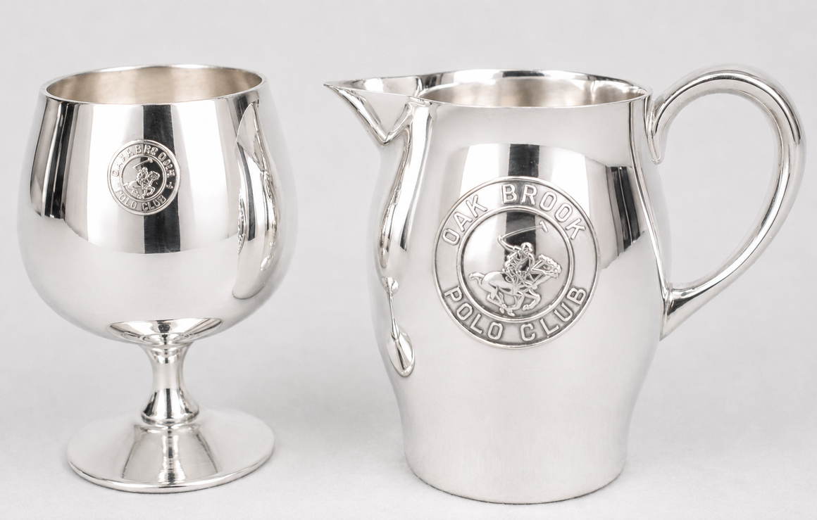 "Set x 2 Oak Brook Polo Club Silverplate Cocktail Beaker & Jigger Cup" (SOLD)
