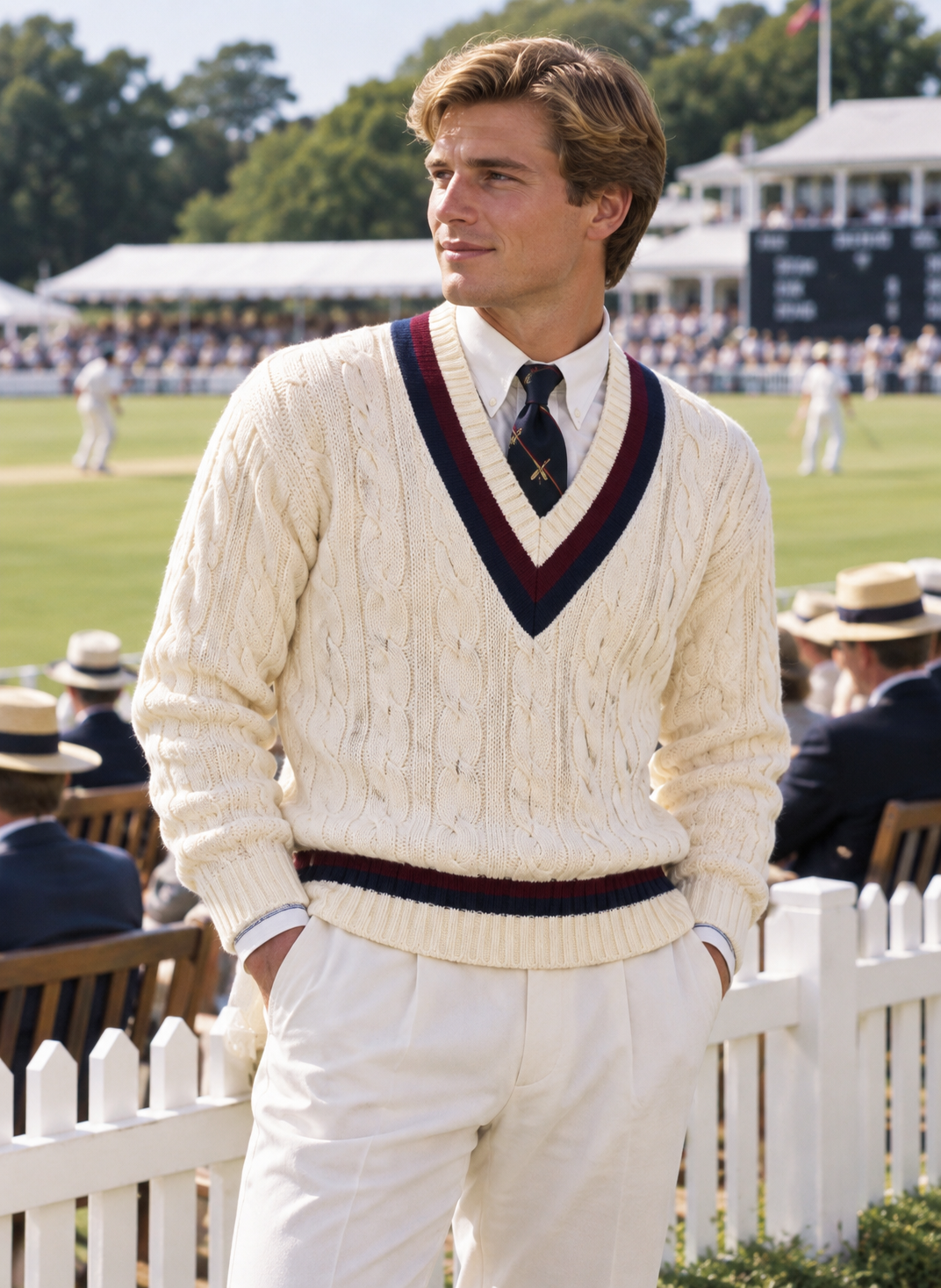 Brooks Brothers Cable Knit V Neck Cricket Merino Wool Cream w/ Navy/ Burgundy Trim Sweater Sz L (NWT)