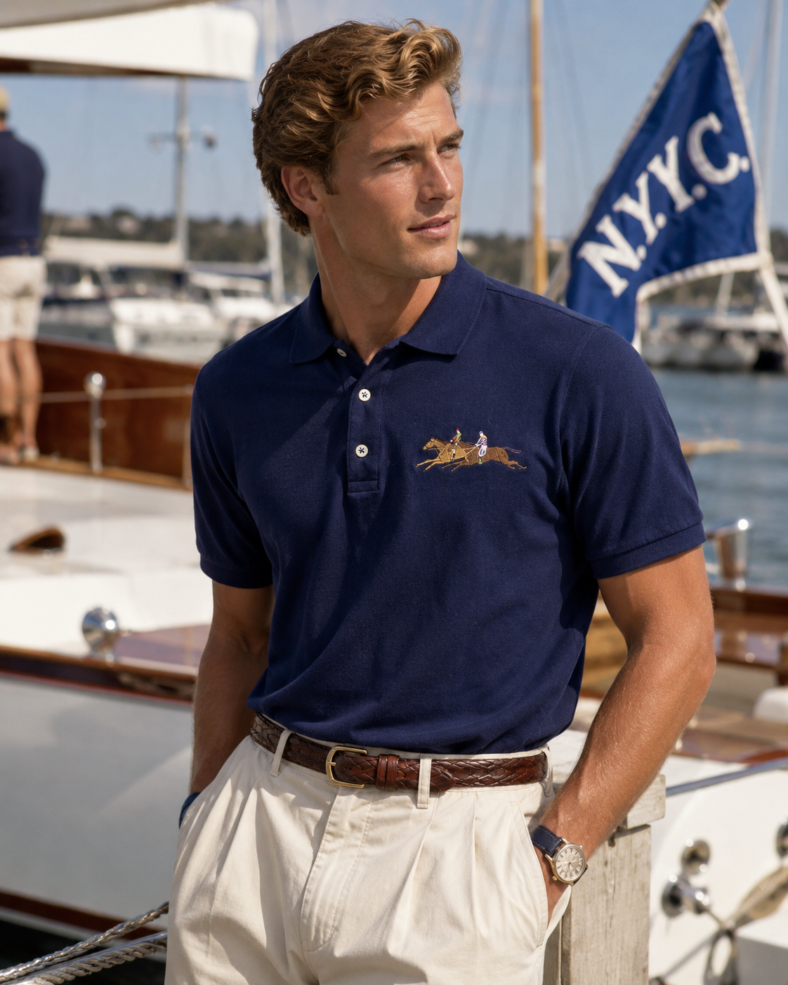 Ralph Lauren Purple Label Navy Pique Polo Shirt w/ Embroidered Jockeys Sz M