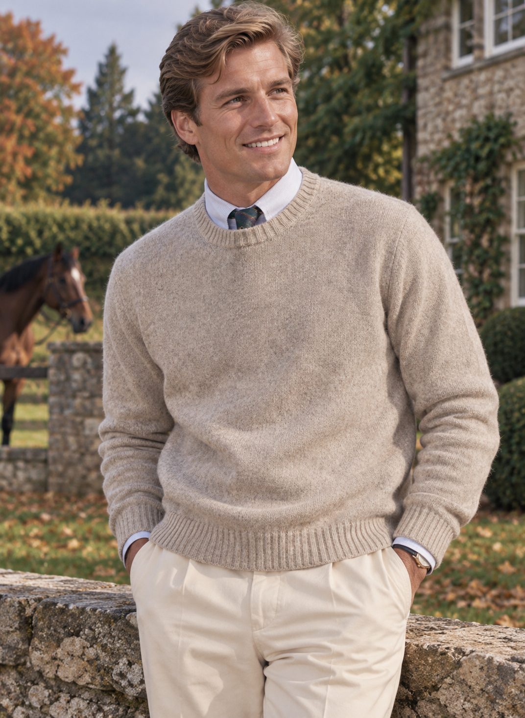 The Andover Shop Oyster Shetland Wool Crew Neck Sweater Sz L (NWT)