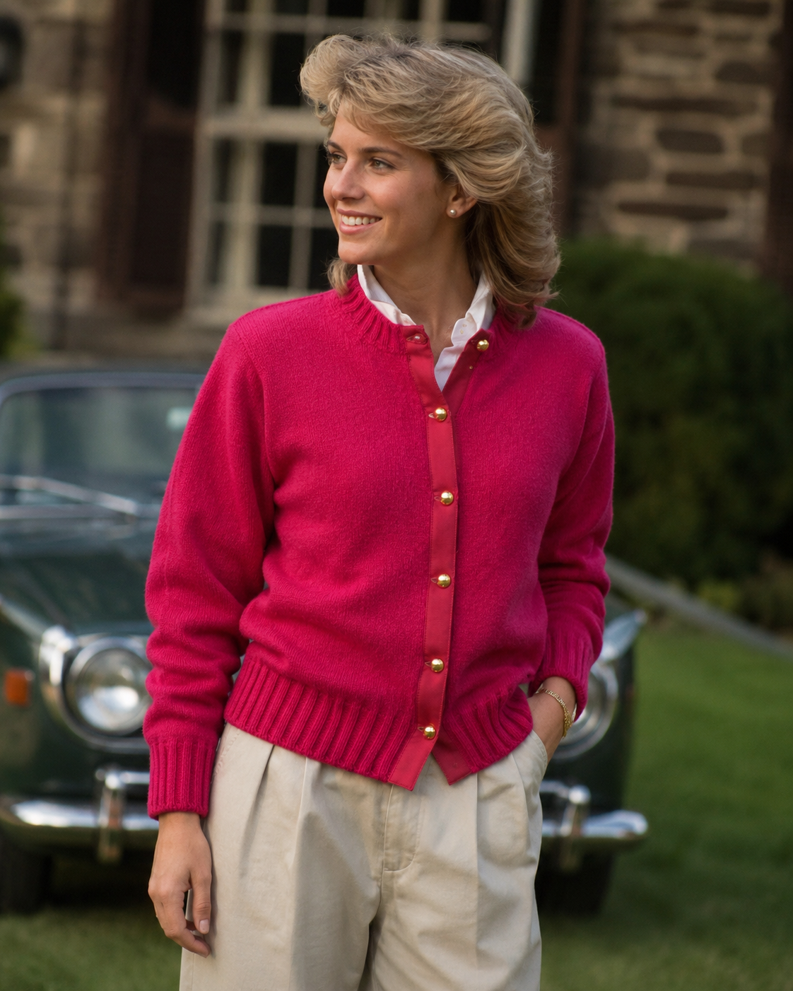 The Andover Shop Ladies Brushed Shetland Fuschia Crew Neck Cardigan Sweater Sz M