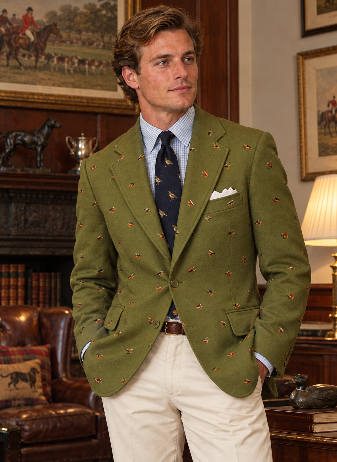 "Chipp Olive Flannel Trout Fly Embroidered c1972 Blazer" Sz 41R