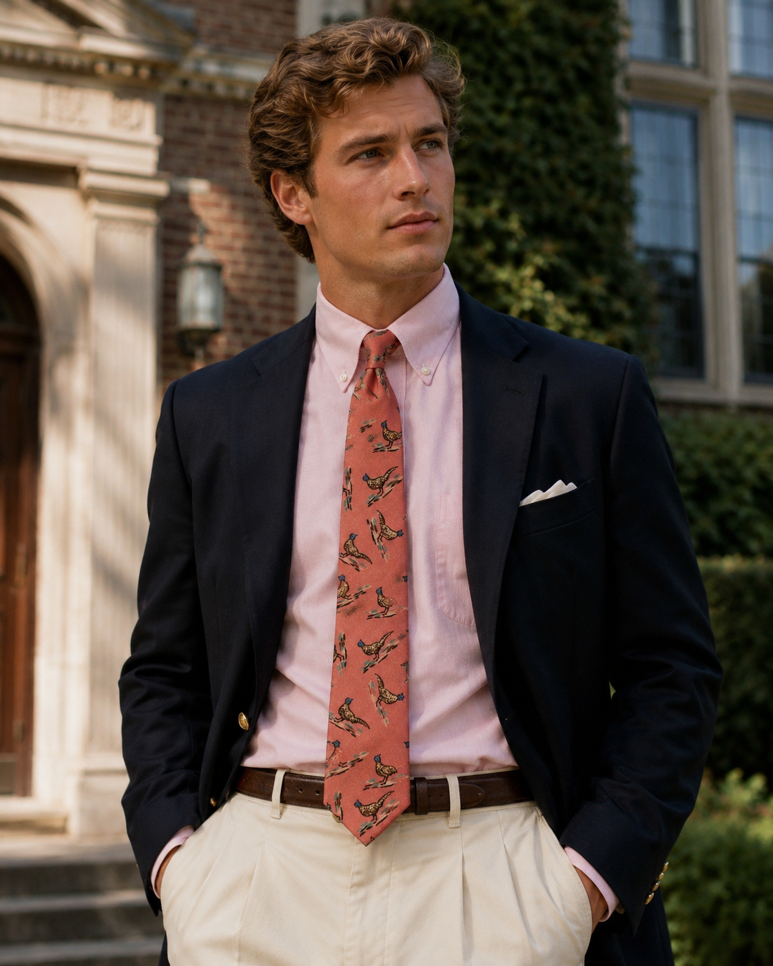 "Polo Ralph Lauren Salmon Pink Challis Pheasant Print Club Tie" (NWT & RL Gift Box)