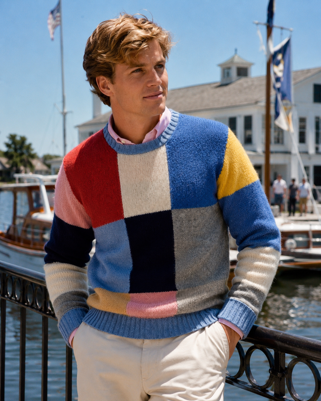 Deans Of Scotland x Trimingham's Bermuda Shetland Wool Block Panel Crewneck Sweater Sz 46