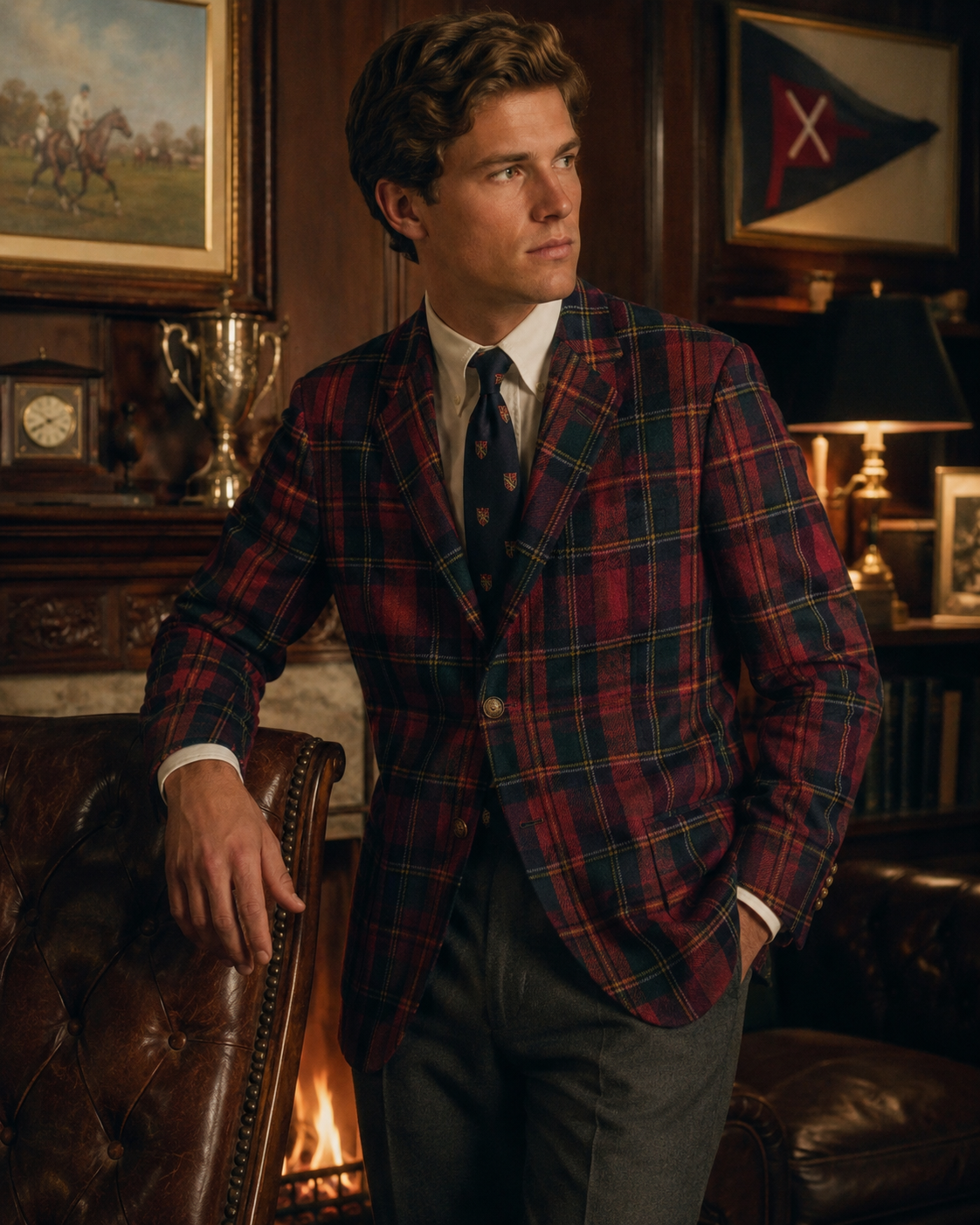 "Polo Ralph Lauren Ancient Red Tartan Flannel Wool Sport Coat" Sz 40R
