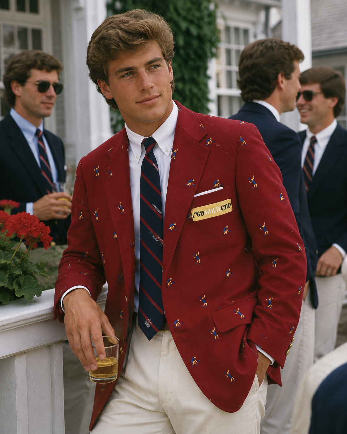 "Chipp Burgundy Doeskin Flannel Blazer w/ Blue/ Gold Embroidered Tennis Players" Sz 39R
