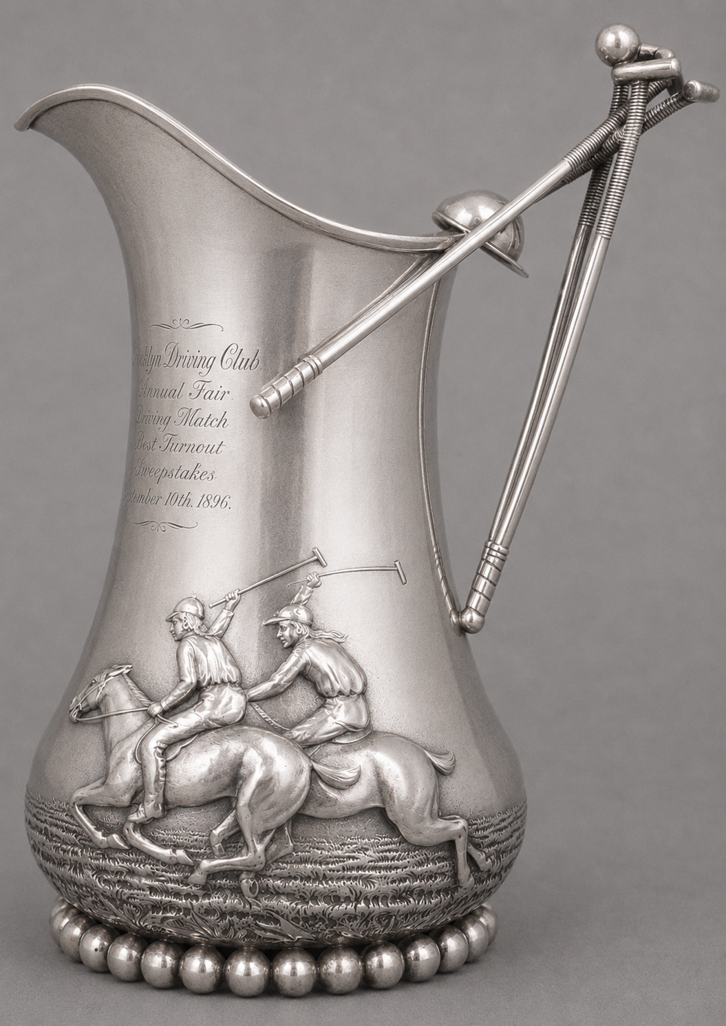 "Sterling Repoussé Silver 1889 Polo Trophy Pitcher w/ Mallet Handle"