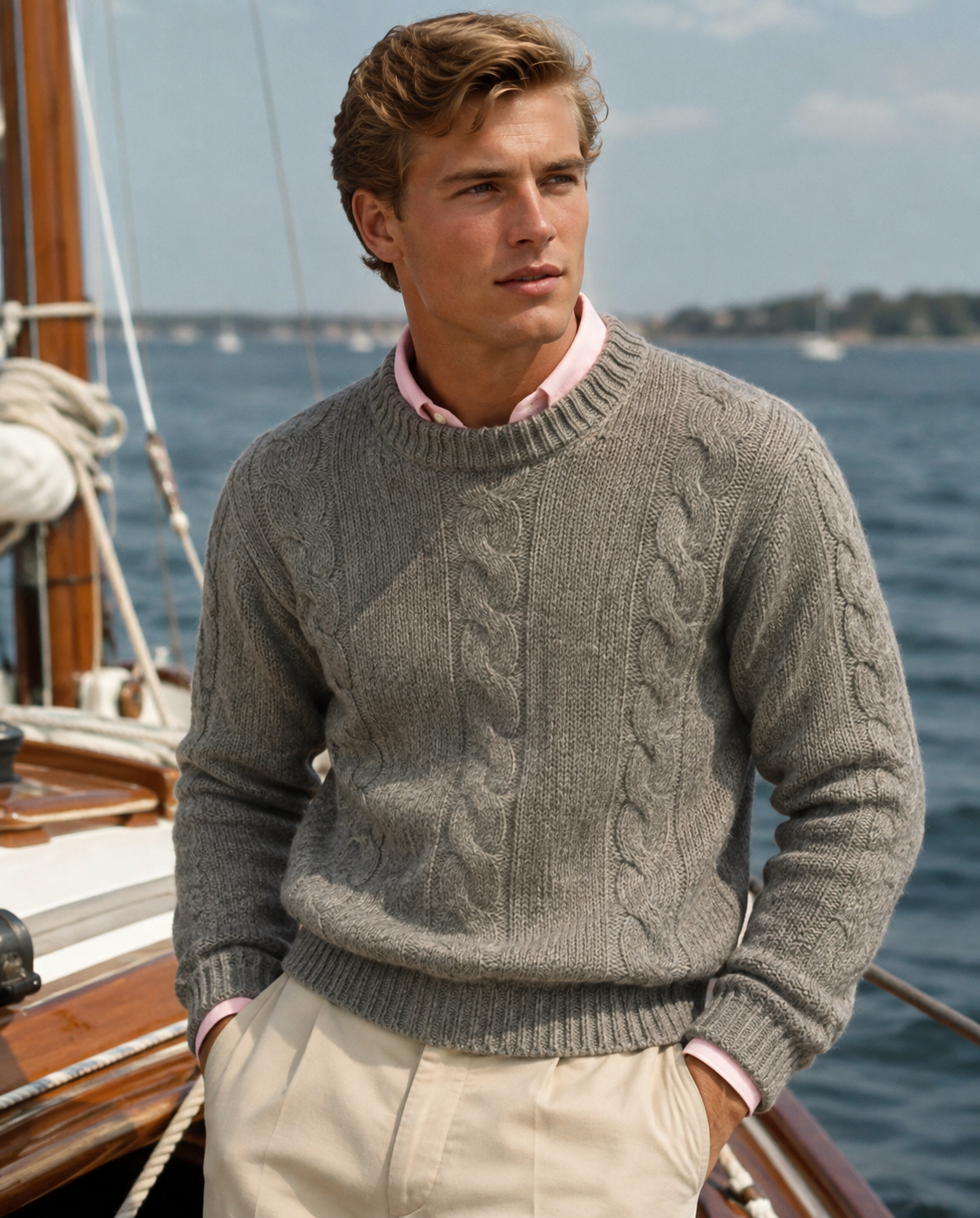 Trimingham's Bermuda x Deans of Scotland Lovat Green Cable Crewneck Shetland Wool Sweater Sz 48
