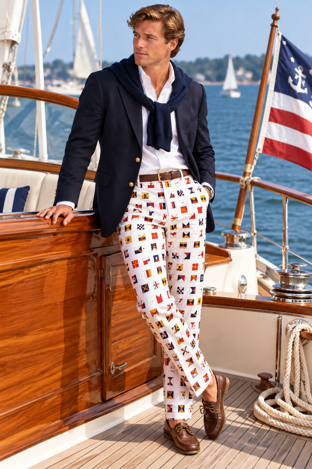 "Chipp White Poly/ Cotton Yacht Club Trousers w/ Signal Flag Print" Sz 34