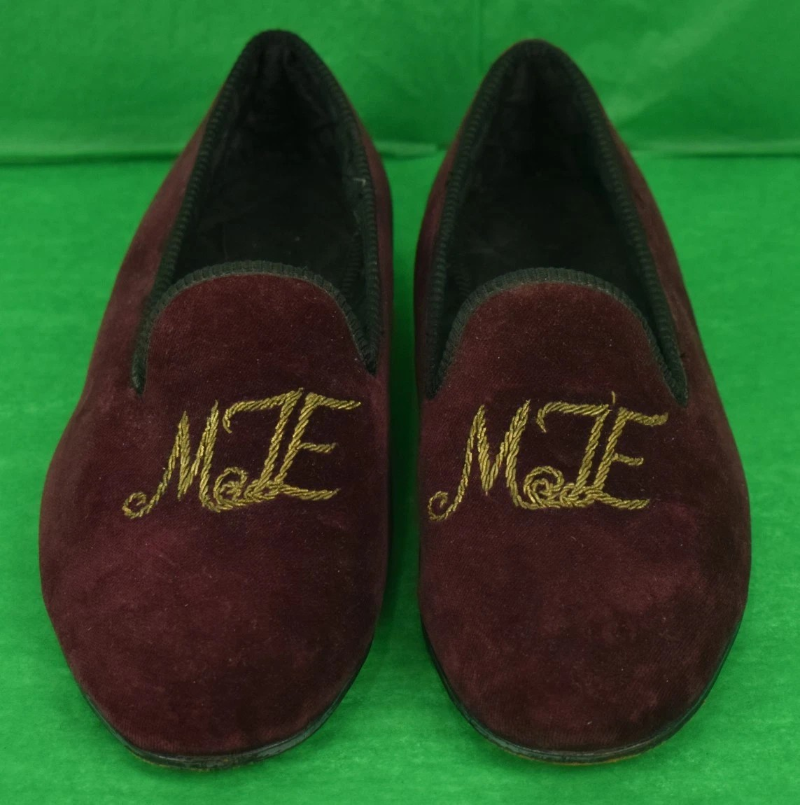 Sulka Burgundy Velvet Slippers w/ Gold Bullion Emb 'MTE' Monogram Sz: 11