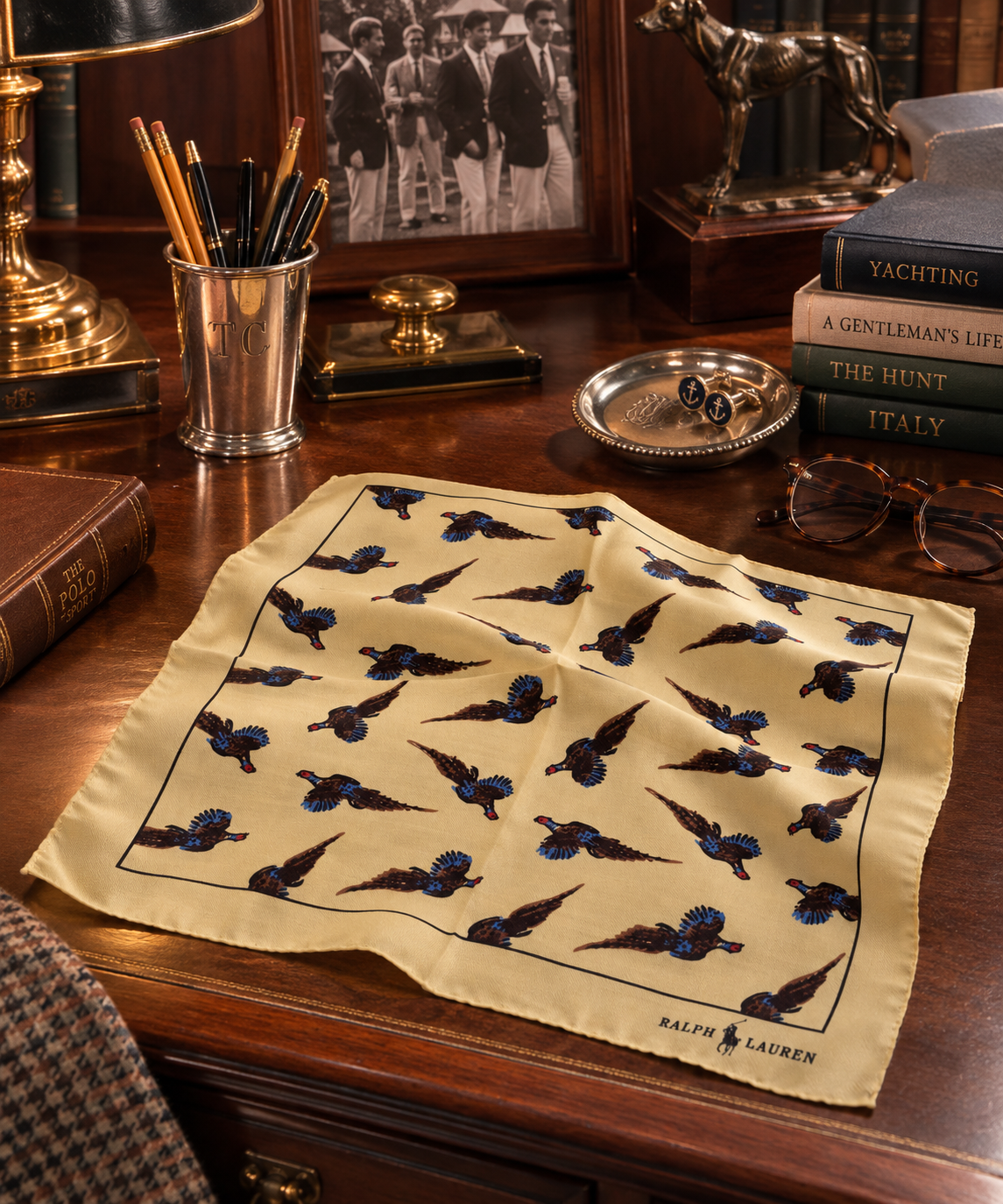 Polo Ralph Lauren Yellow Challis Pheasant Print Pocket Square (NWT & Gift Box)