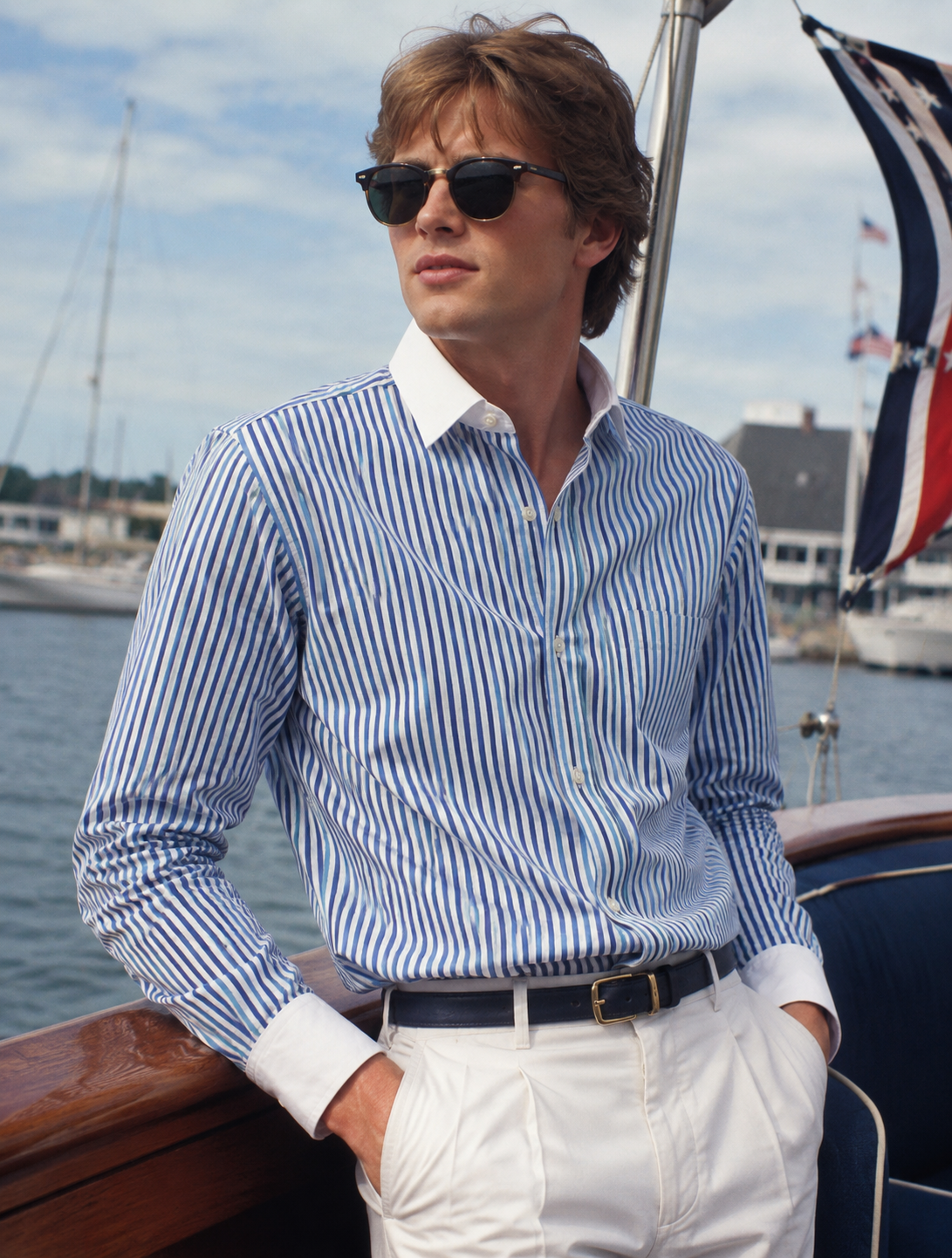 Chipp Blue/ Green Broadcloth Stripe Dress Shirt w/ White Contrast Spread Collar & White French Cuffs Sz 15-33