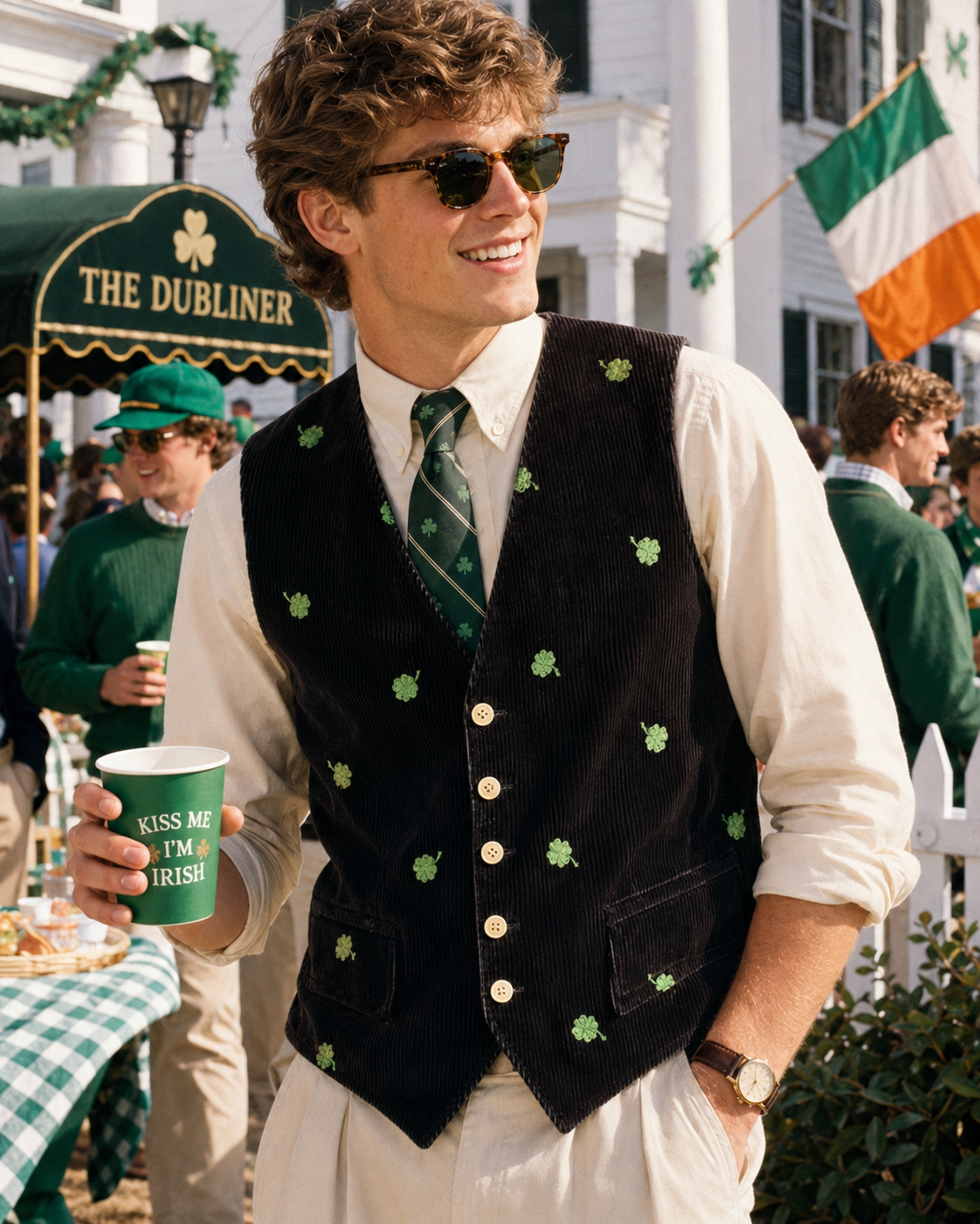 "The Andover Shop Navy Corduroy Waistcoat w/ Embroidered Kelly Green Shamrocks" Sz 44