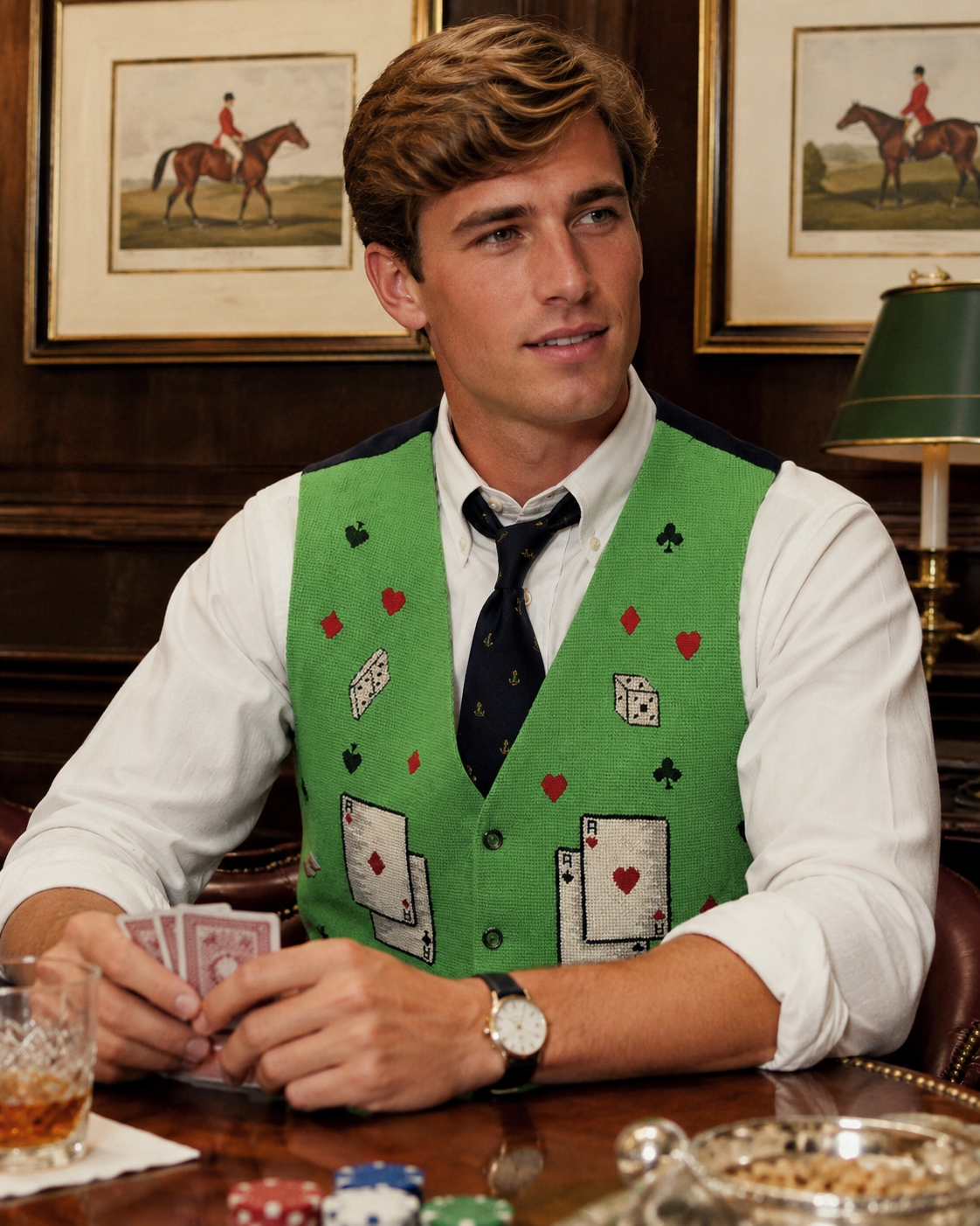 Hand Needlepoint Green Vest w/ Embroidered Playing Card/ Gaming Signs Sz 42