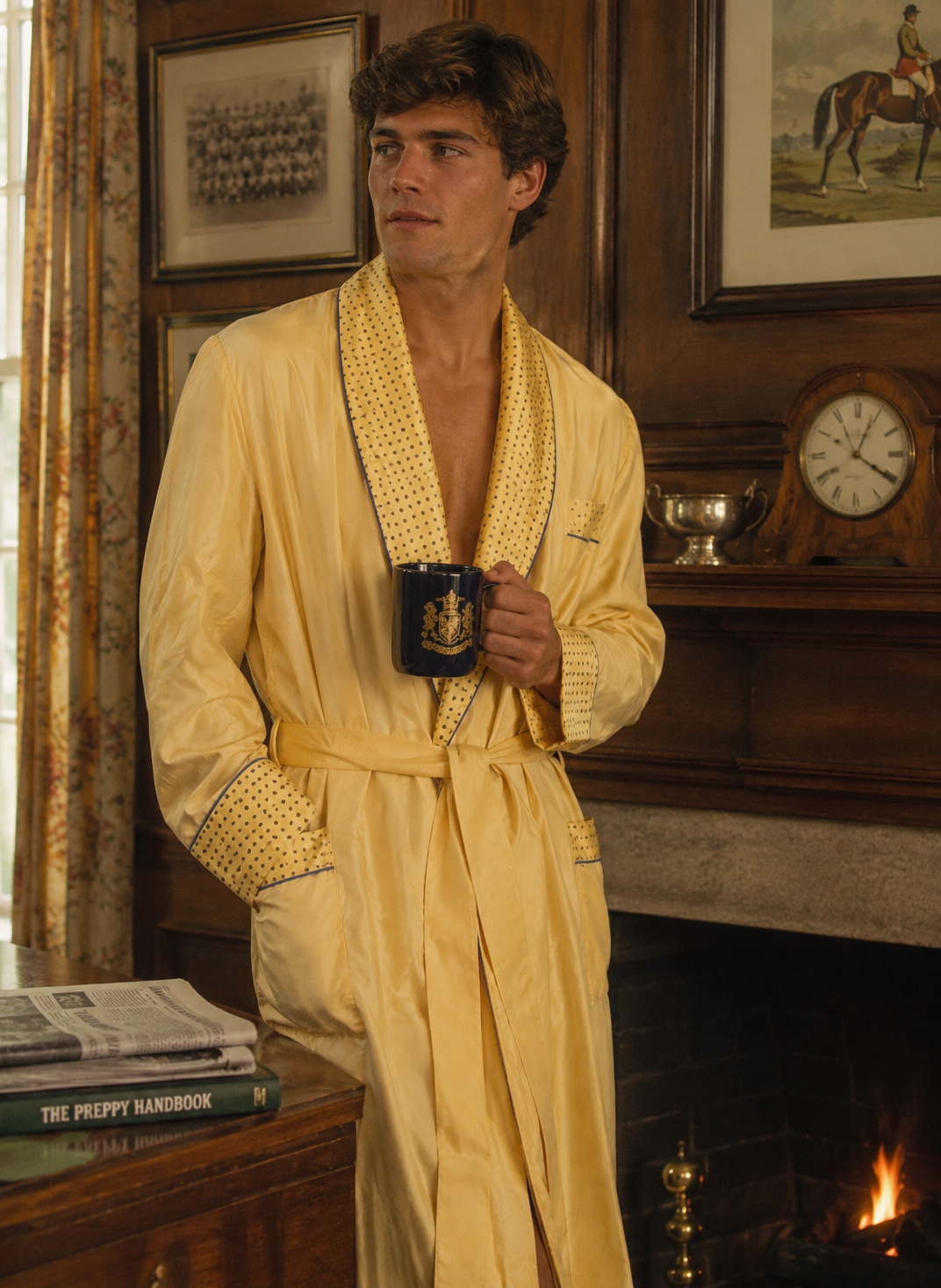 Maus & Hoffman Palm Beach Yellow Italian Silk w/ Foulard Trim Dressing Gown w/ Sash Belt Sz L (NWOT)