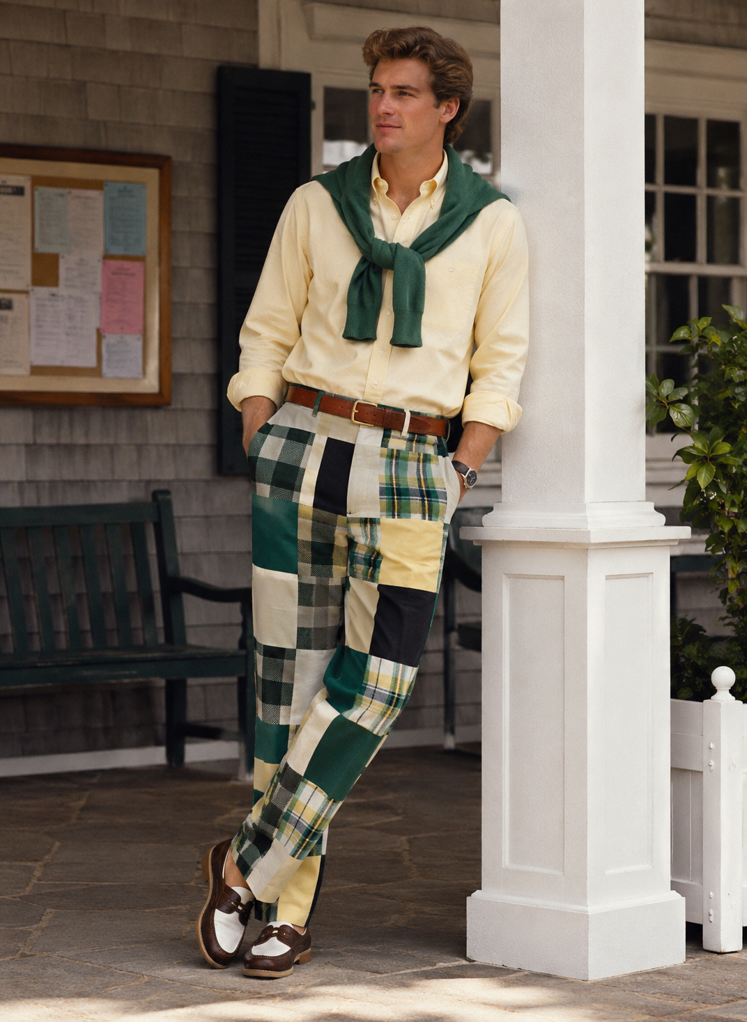"O'Connell's Vintage Heavy Flannel Patchwork Plaid Green/ Yellow/ Winter White Lined Trousers" Sz 32 (NOS)