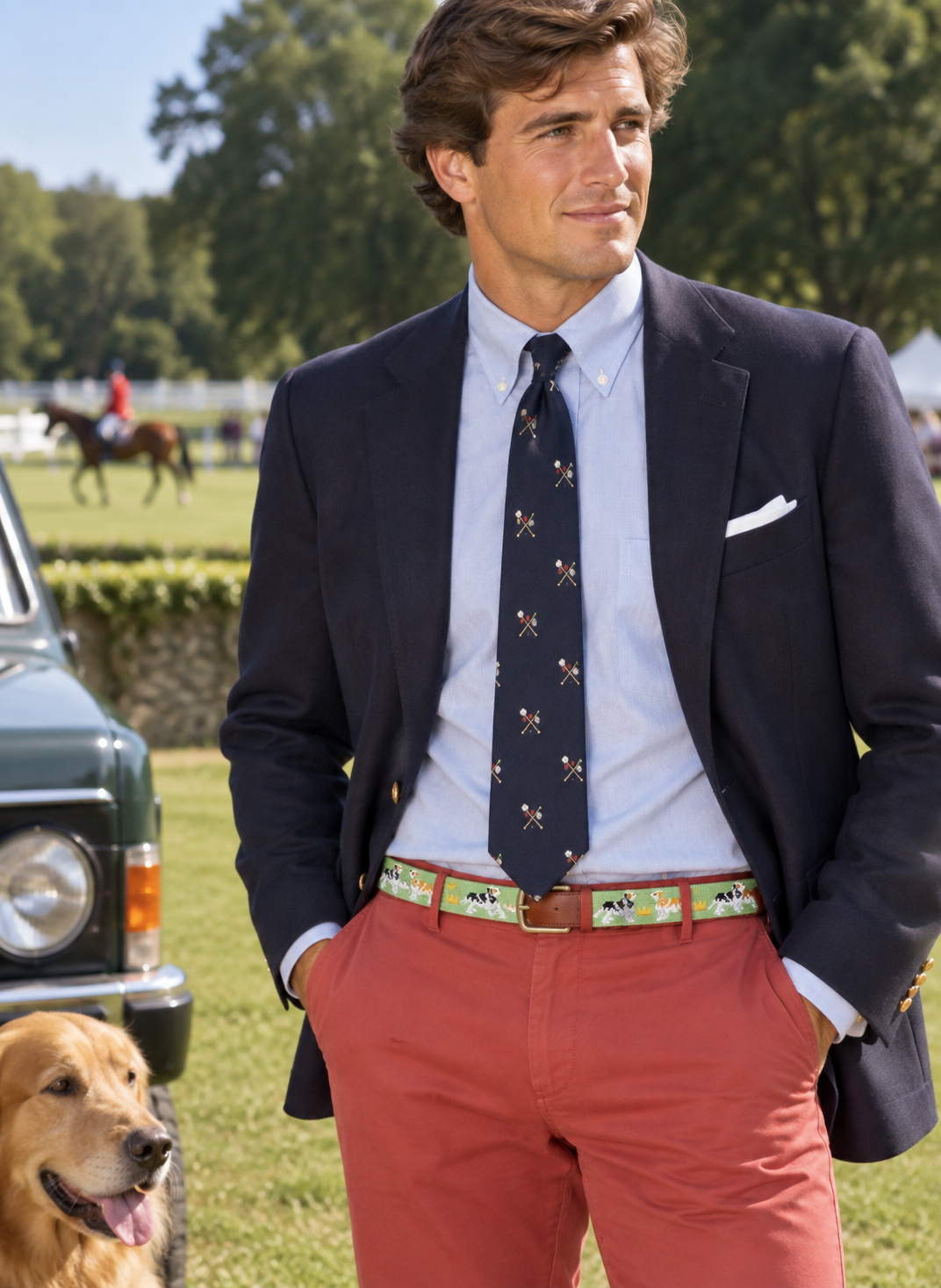 "S&B x Cavalier King Charles Spaniels (Moss) Green Needlepoint Belt" Sz 44