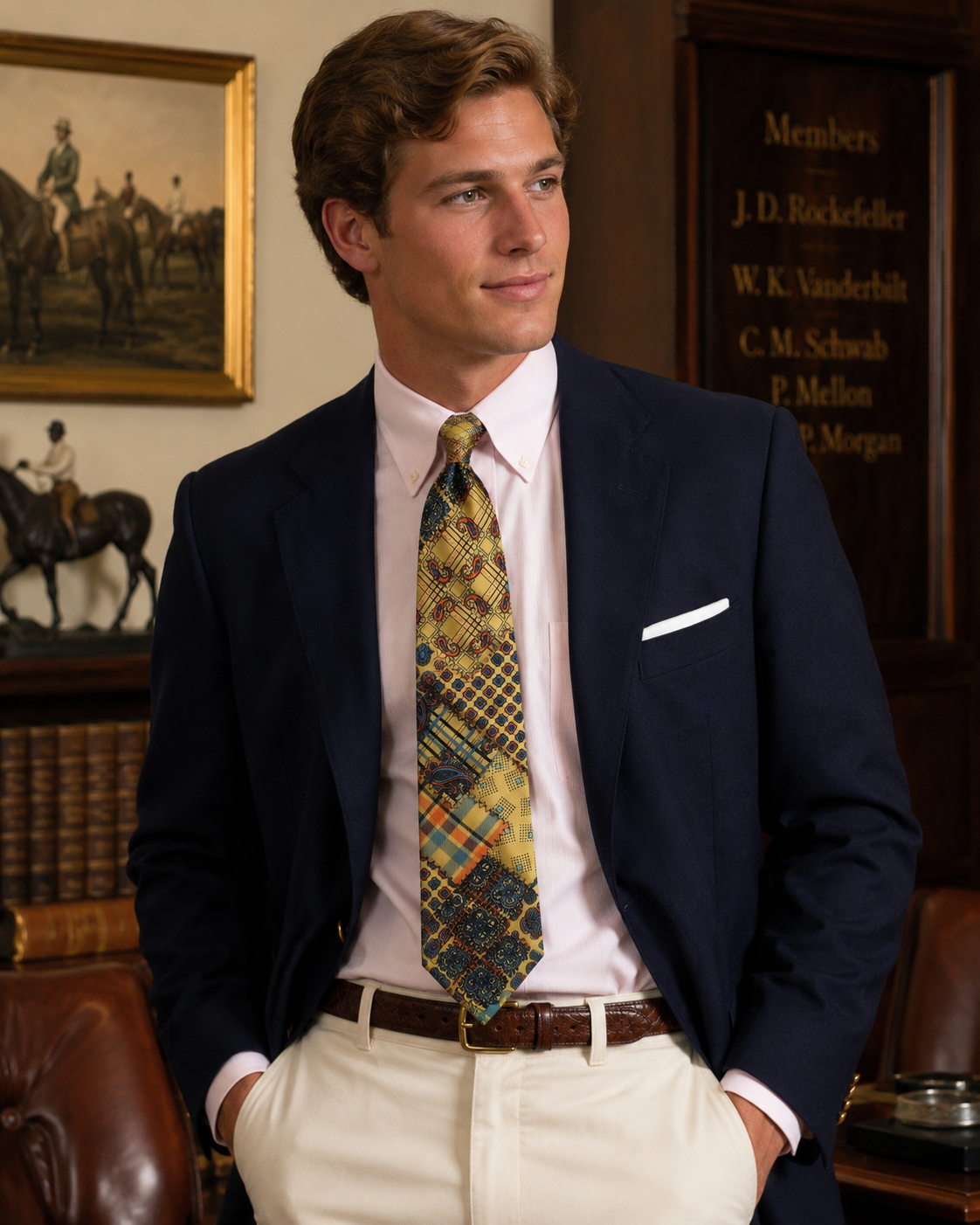 Chipp Patch Panel Foulard/ Paisley/ Plaid English Gold Silk Club Tie