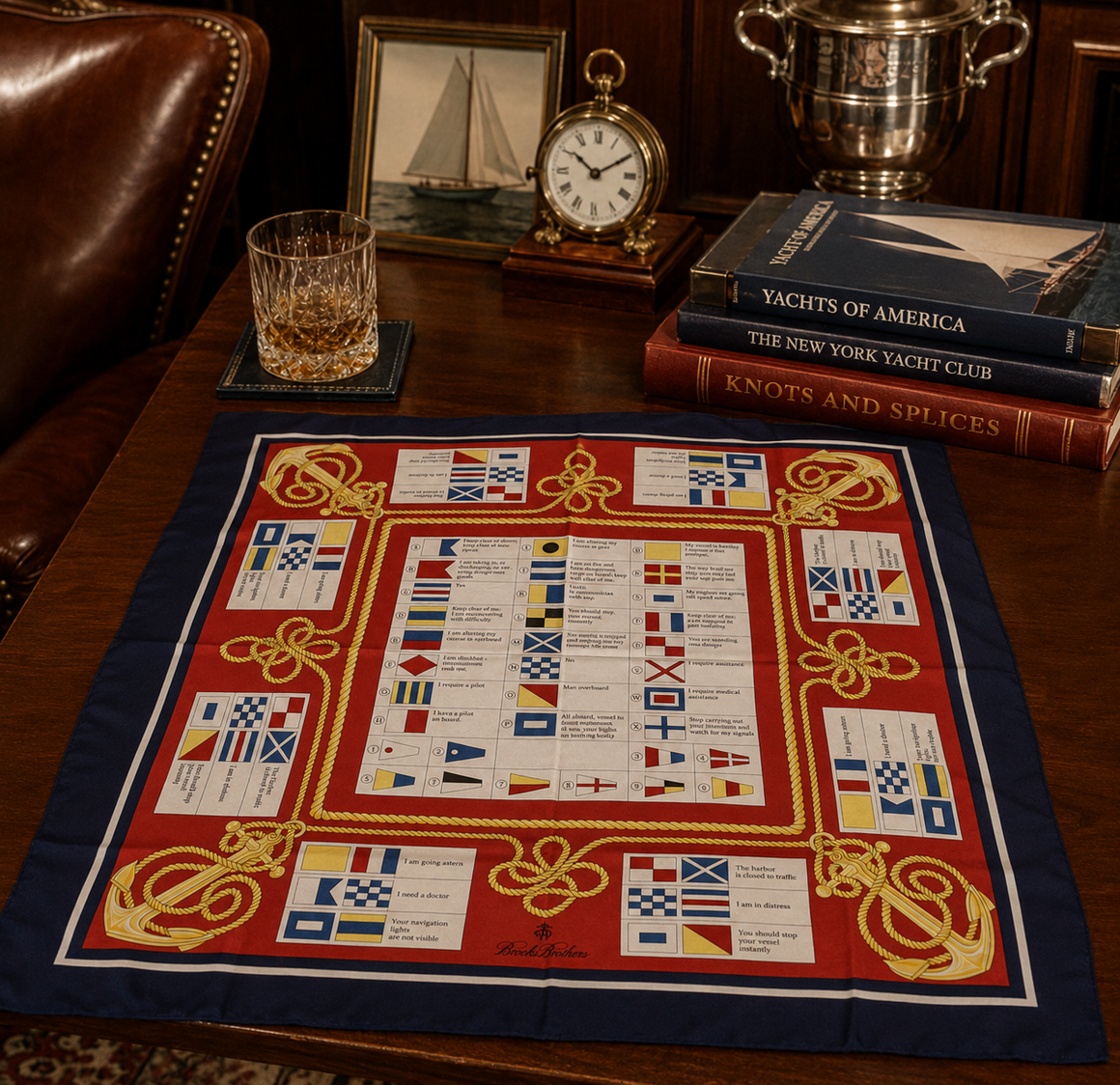 "Brooks Brothers Nautical Anchor & Signal Flags Navy w/ Red/ Yellow & White Italian Silk Scarf"